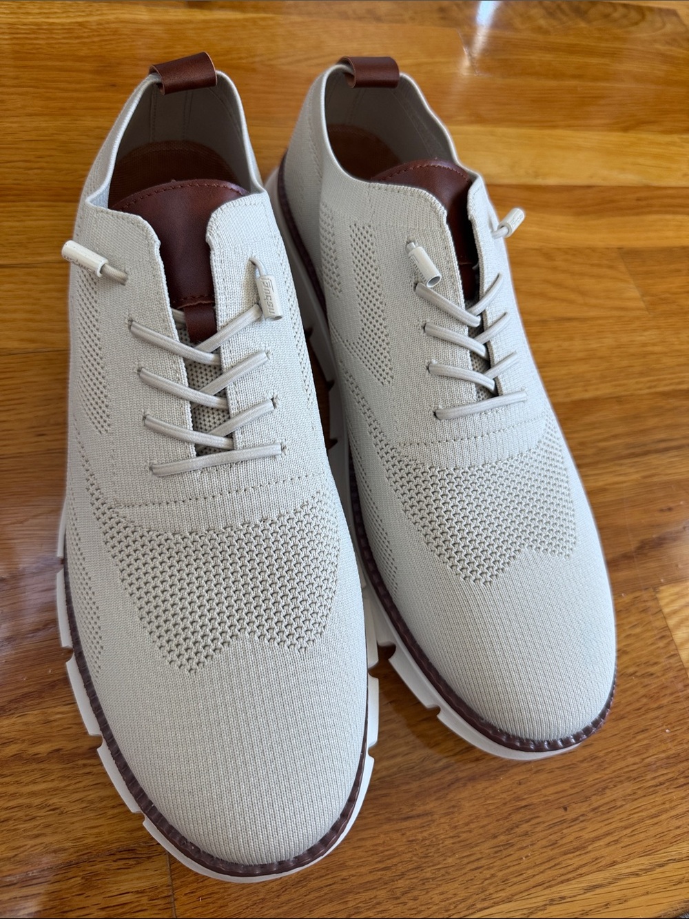 Men's Knit Lightweight Lace-Up Sneakers in Cream with Brown Trim